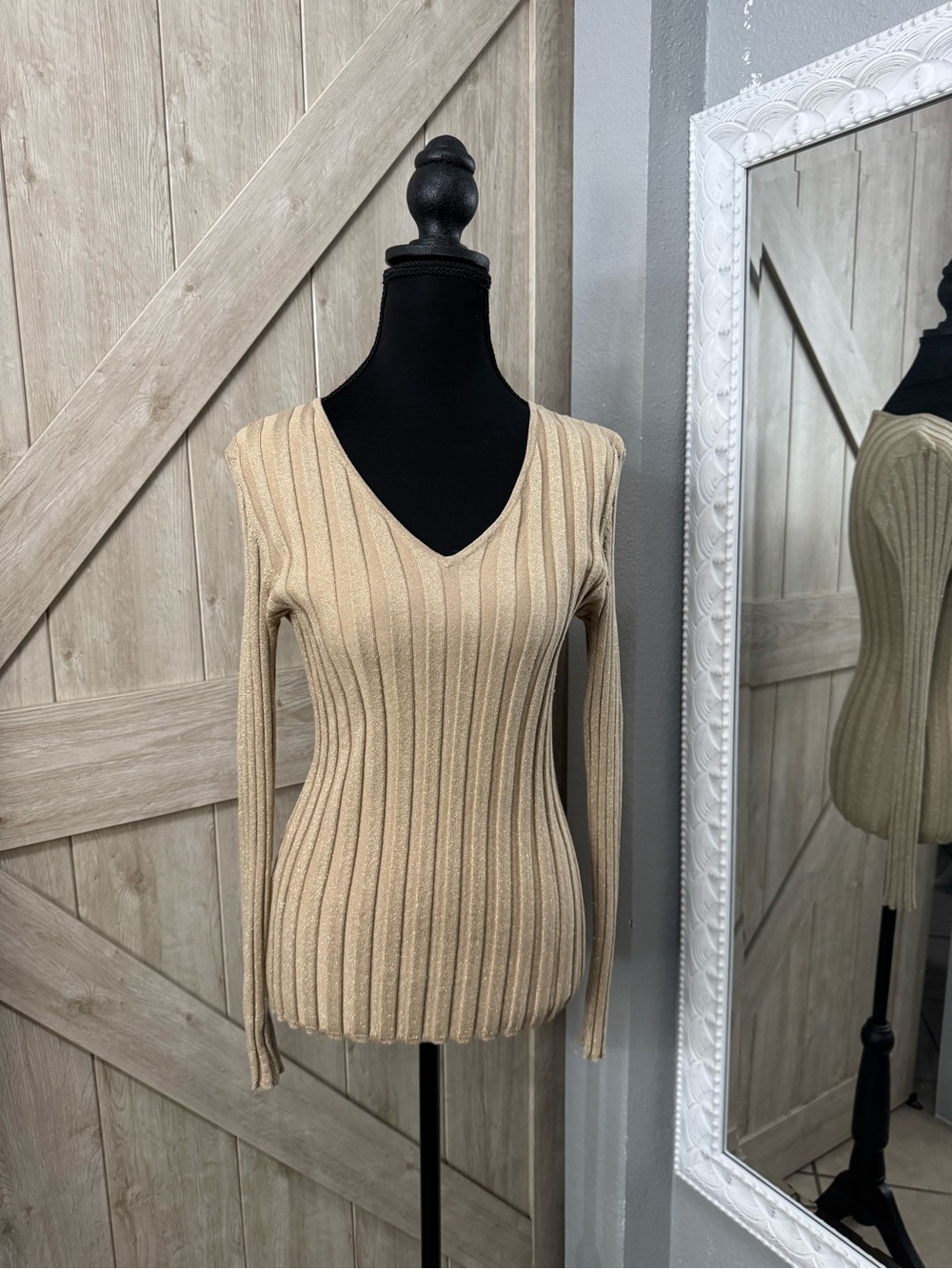 Y2K Ribbed V-Neck Long Sleeve Sweater in Beige